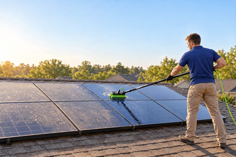 Illustration: a technician using a water-fed brush on a pole to rinse rooftop solar panels