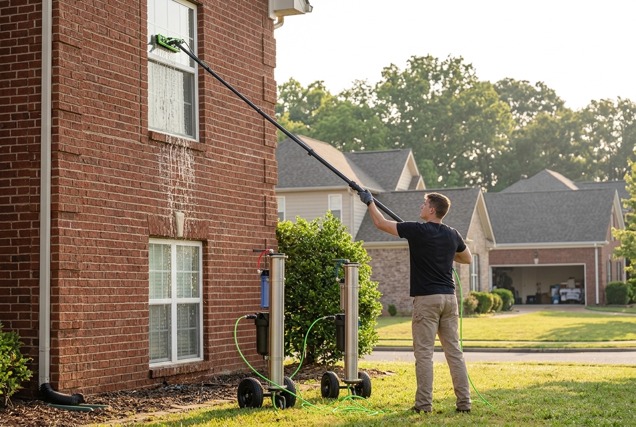 Cove Cleaning technician using water-fed equipment on a brick home